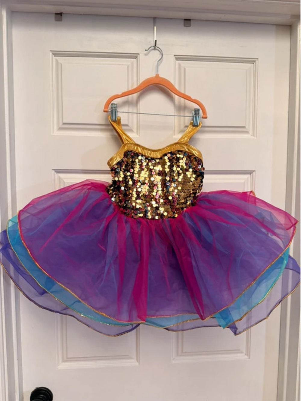 Girls Sequin Dance Costume Competition Tulle Large Pink Gold